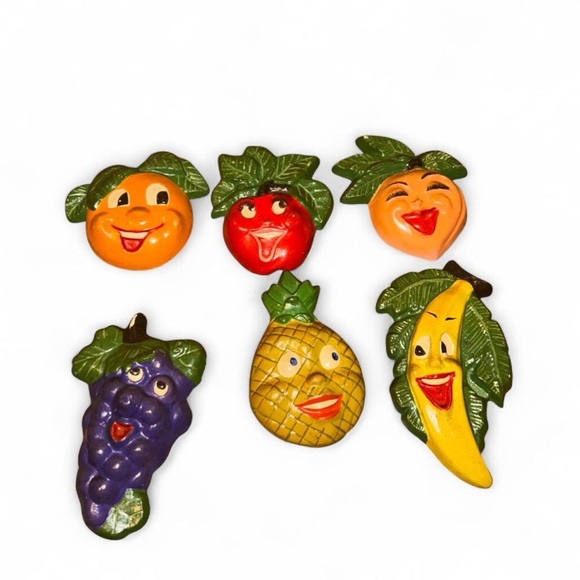 Vintage Chalkware Fruit Wall Plaques 6 Anthropomorphic Faces MCM Kitsch 1960s